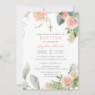 Blush Roses Baptisme Invitation Kaart