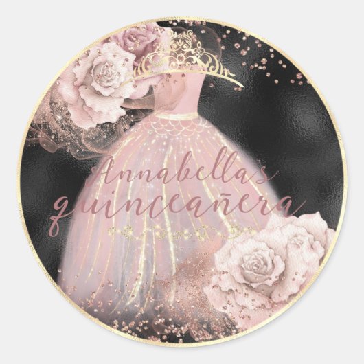 Blush Roses Black & Gold Quinceañera Ronde Sticker (Voorkant)