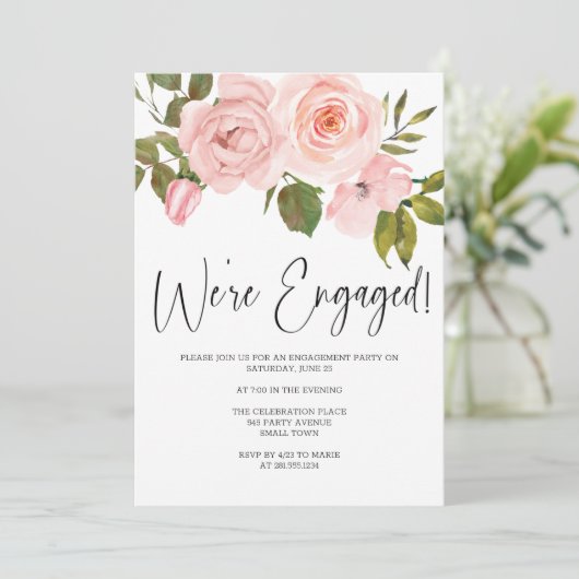 Blush Roses Floral Engagement Party Kaart (Staand voorkant)