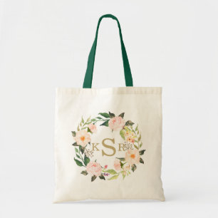 Blush Roses Floral Wreated Monogrammed Tote Bag