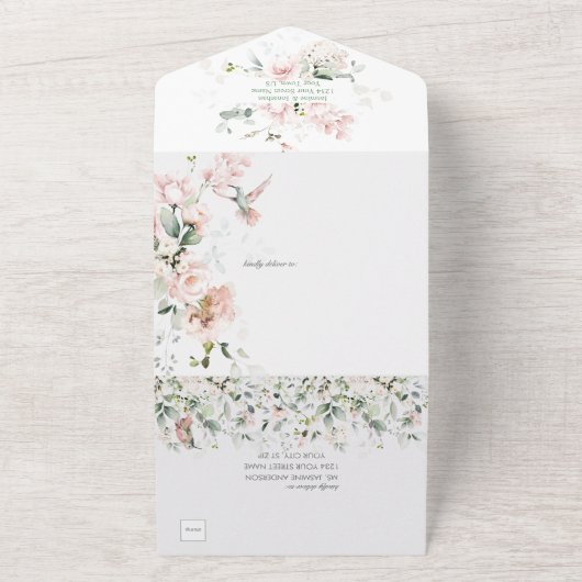 Blush Roses Hummingbird Sage Green Wedding All In One Uitnodiging (Buitenkant)