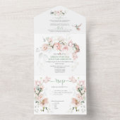 Blush Roses Hummingbird Sage Green Wedding All In One Uitnodiging (Binnen)