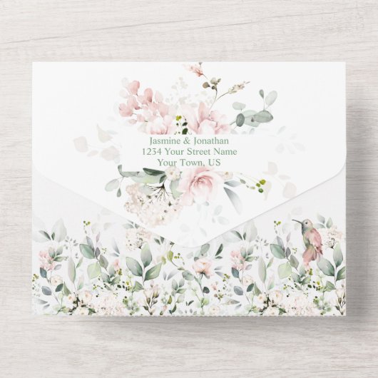 Blush Roses Hummingbird Sage Green Wedding All In One Uitnodiging (Achterkant)