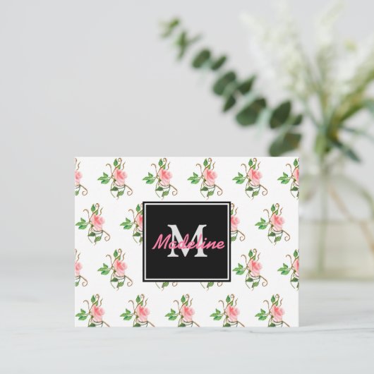 Blush Roses Monogram Briefkaart (Staand voorkant)