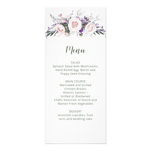 Blush Roses Paarse wilde bloemen bruiloft | Menu (Voorkant)