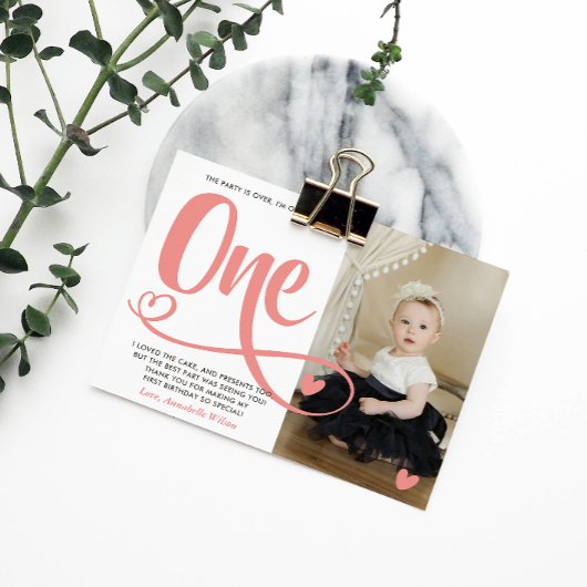 Blush roze 1e verjaardag Dank je Briefkaart