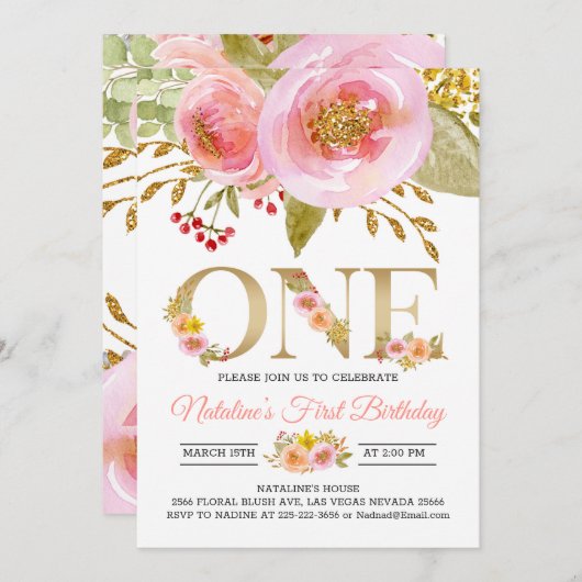 Blush roze 1e verjaardag uitnodiging rustiek goud (Voorkant / Achterkant)