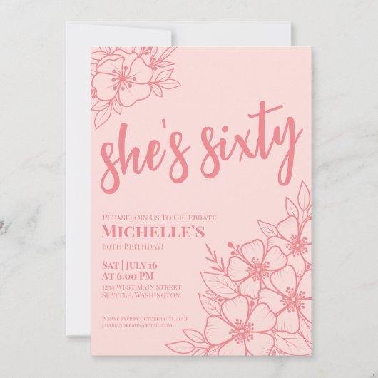Blush Roze 60ste Verjaardagsfeest Kaart (Voorkant)