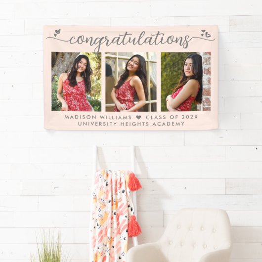 Blush roze Afstuderen 3 Foto modern script Spandoek (Insitu)