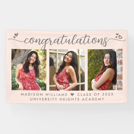 Blush roze Afstuderen 3 Foto modern script Spandoek (Horizontaal)