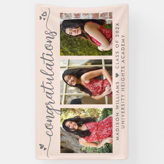 Blush roze Afstuderen 3 Foto modern script Spandoek (Verticaal)