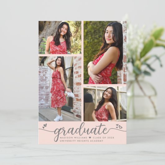 Blush roze Afstuderen 4 Foto modern script Aankondiging (Staand voorkant)