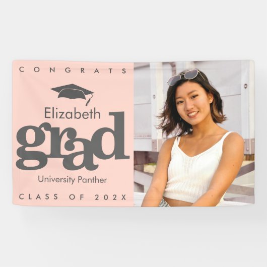 Blush roze afstuderen foto grijs pet vet modern spandoek (Horizontaal)