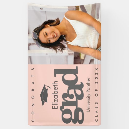 Blush roze afstuderen foto grijs pet vet modern spandoek (Verticaal)