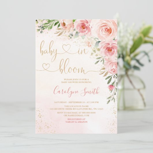 Blush roze Baby in Bloom Baby shower Invitation Kaart (Staand voorkant)