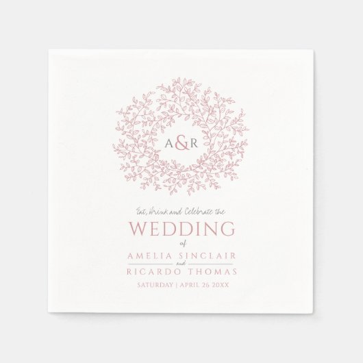 Blush roze bladcirkel monogram kunst bruiloft aang servet (Voorkant)