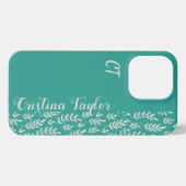 Blush roze Bladpatroon op blauwgroen monogram iPhone Hoesje (Achterkant horizontaal)