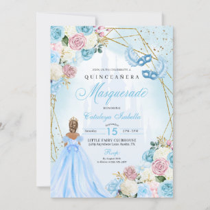 Blush Roze Blauw Assepoester Masquerade Quinceaner Kaart