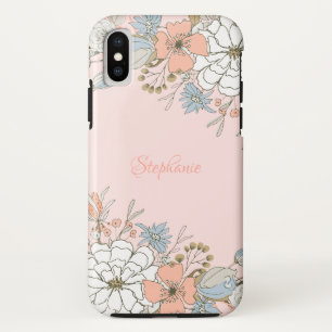 Blush Roze Blauw Bloemen Gepersonaliseerd iPhone XS Hoesje