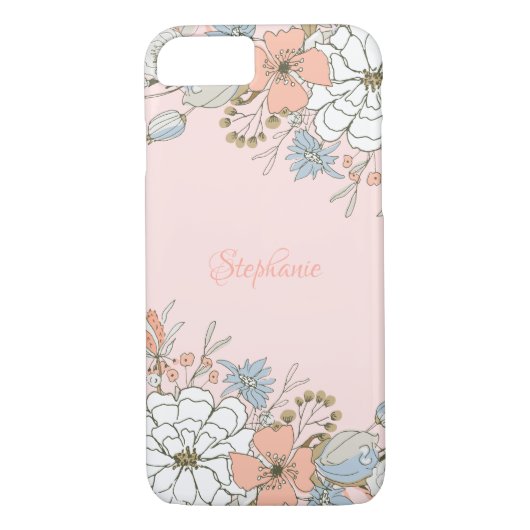 Blush Roze Blauw Bloemen Gepersonaliseerd Case-Mate iPhone Case (Achterkant)