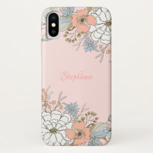 Blush Roze Blauw Bloemen Gepersonaliseerd iPhone X Hoesje