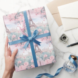 Blush Roze Blauw Eiffeltoren Parijs Franse landsch Cadeaupapier