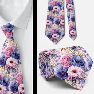 Blush Roze Blauw Paarse Violette Bloemen Bloemen Stropdas