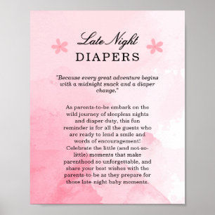 Blush roze bloeiende Baby shower Late Night Luiers Poster
