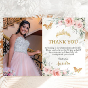 Blush Roze Bloem Gouden Kroon Quinceañera Foto Bedankkaart