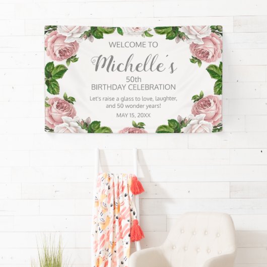 Blush Roze  Bloemen 50ste Verjaardag Welkom Spandoek (Insitu)