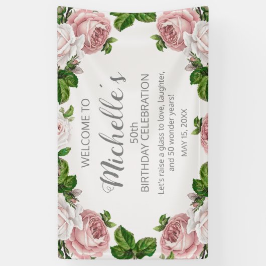 Blush Roze  Bloemen 50ste Verjaardag Welkom Spandoek (Verticaal)