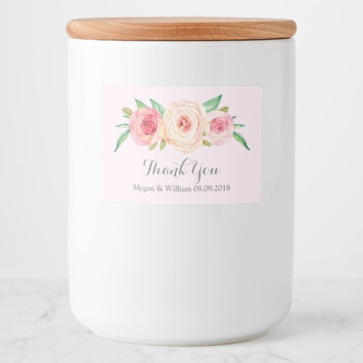 Blush Roze Bloemen Aangepaste Bruiloft Label Voedselcontainer Etiket (Voorkant)