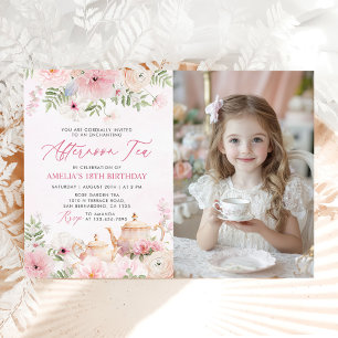Blush Roze Bloemen Afternoon Tea Verjaardagsfoto Kaart