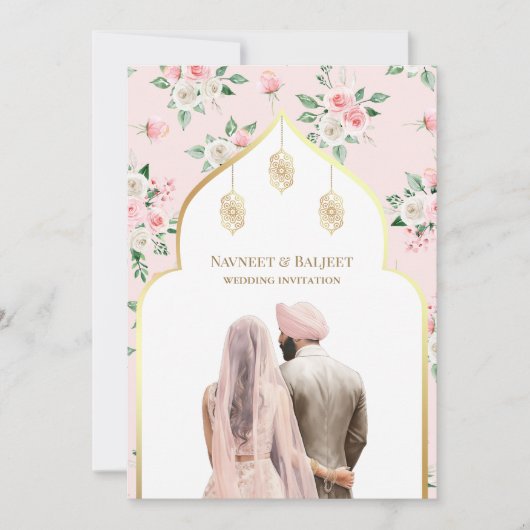 Blush Roze Bloemen Anand Karaj Sikh Bruiloft Kaart (Voorkant)