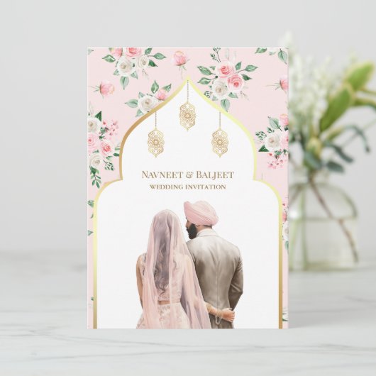 Blush Roze Bloemen Anand Karaj Sikh Bruiloft Kaart (Staand voorkant)