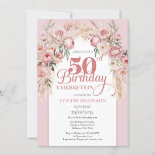 Blush roze bloemen boho boog pampas 50e verjaardag kaart