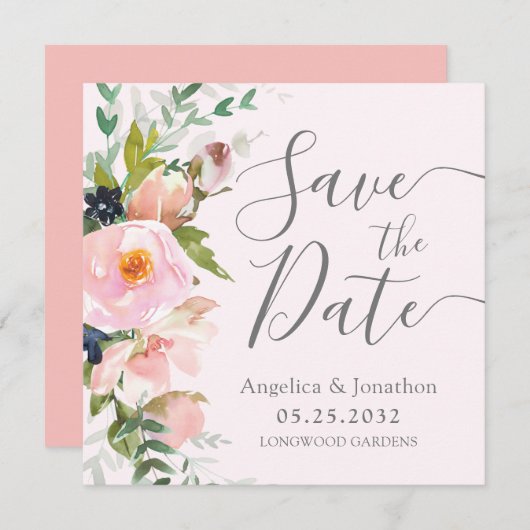 Blush Roze Bloemen Botanisch Grijs Save The Date (Voorkant / Achterkant)