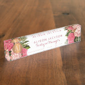 Blush roze bloemen boutique manager monogram naambordje (Zijkant)