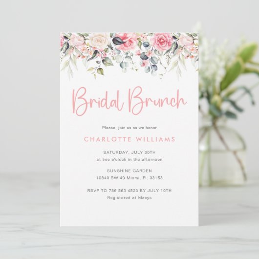 Blush Roze Bloemen Bruids Brunch Uitnodiging (Staand voorkant)