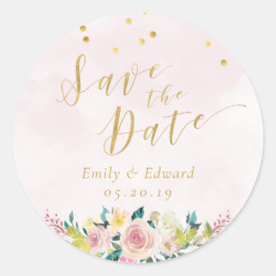 Blush Roze Bloemen Bruiloft Save the Date Ronde Sticker