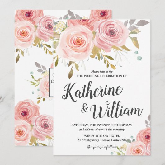 Blush Roze Bloemen Bruiloft Uitnodiging (Voorkant / Achterkant)