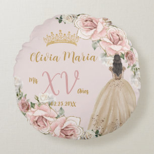  Blush Roze Bloemen Champagne Quinceañera Rond Kussen