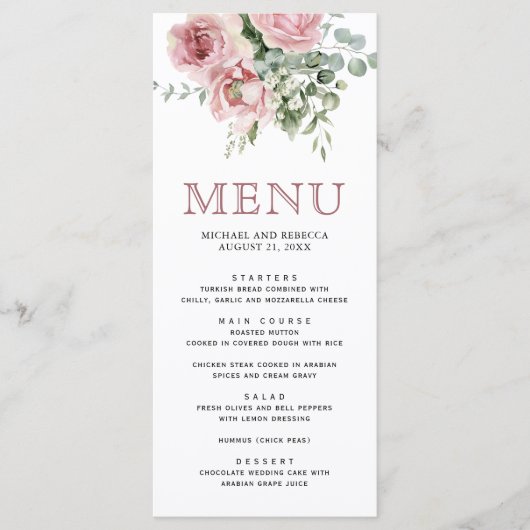 Blush roze bloemen eucalyptus bruiloft menu (Voorkant)