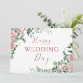 Blush Roze Bloemen Eucalyptus Gelukkige Bruiloft D Kaart (Staand voorkant)