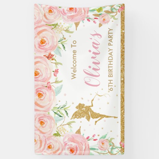 Blush Roze Bloemen Fairy Verjaardag Douche Achterg Spandoek (Verticaal)