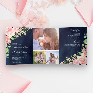 Blush Roze Bloemen Foto Collage Marine Blauw Bruil Drieluik Uitnodiging