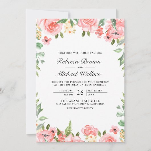 Blush Roze Bloemen Fotocollage QR Code Huwelijk Kaart (Voorkant)