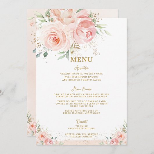 Blush Roze Bloemen Goud Bruids Baby shower Menu (Voorkant / Achterkant)