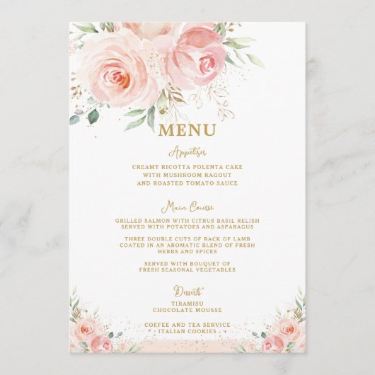 Blush Roze Bloemen Goud Bruids Baby shower Menu (Voorkant)