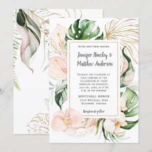 Blush Roze Bloemen Goud Lijst Tropische bruiloft Kaart